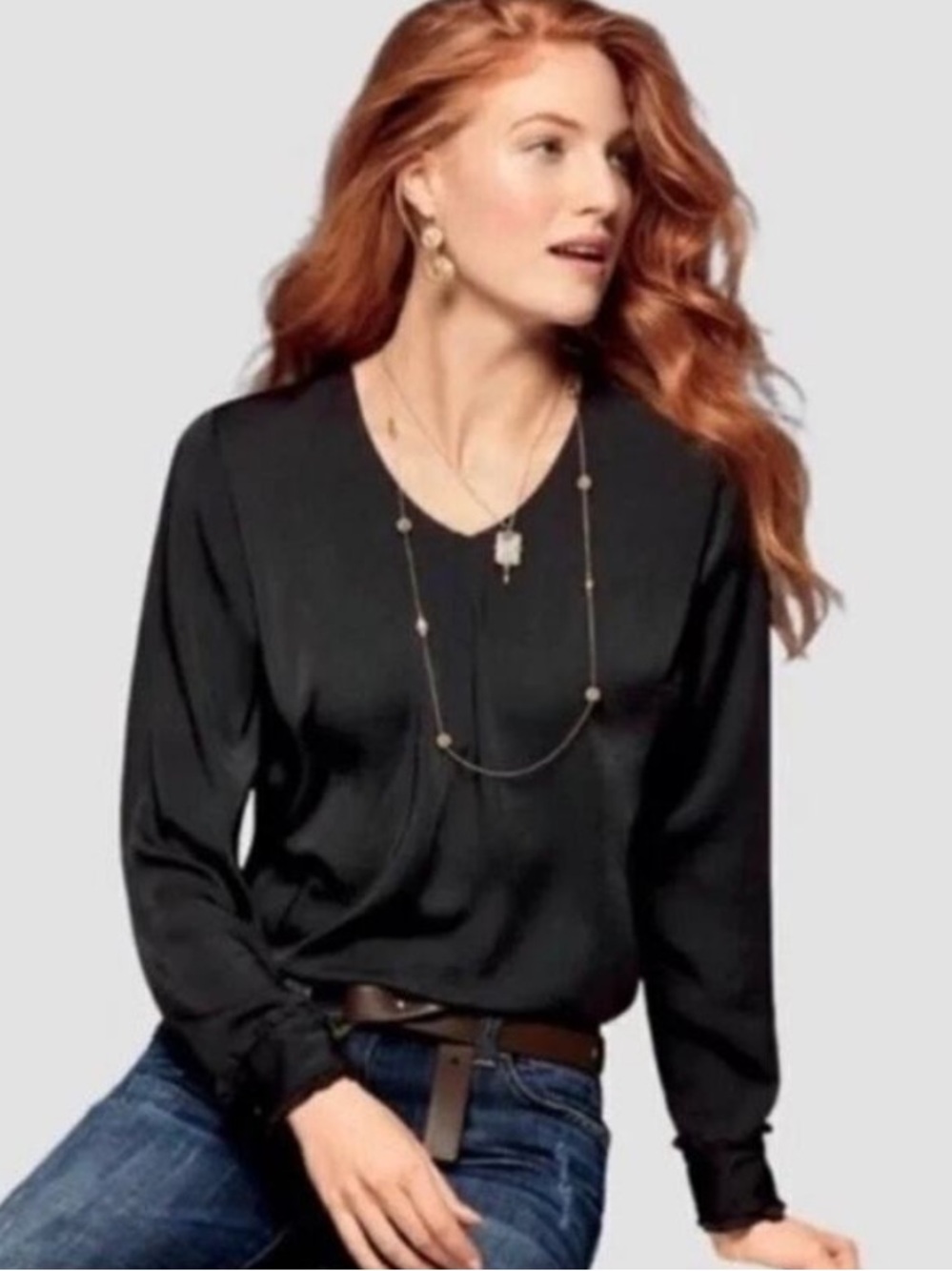 CABI Women’s Large Black V Neck Long Sleeve Blouse